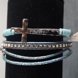 Blue Leather Silver Cross Religious Engraved Faith Magnetic Closure Br…